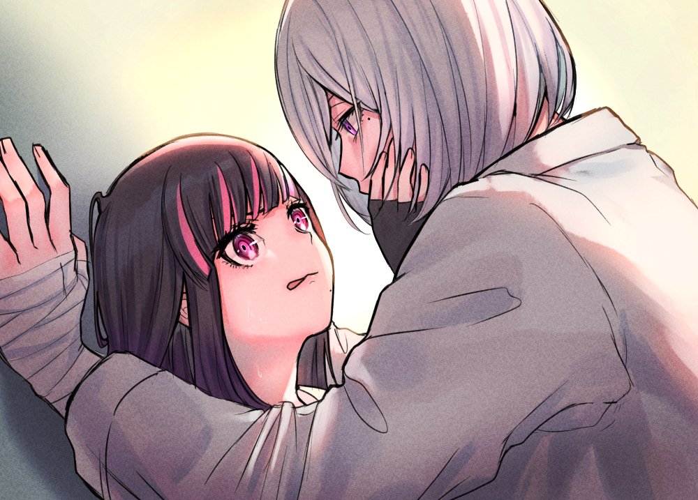 1boy, 1girl, aibon, akudama_drive, bandaged_hand, black_gloves, black_hair, blue_eyes