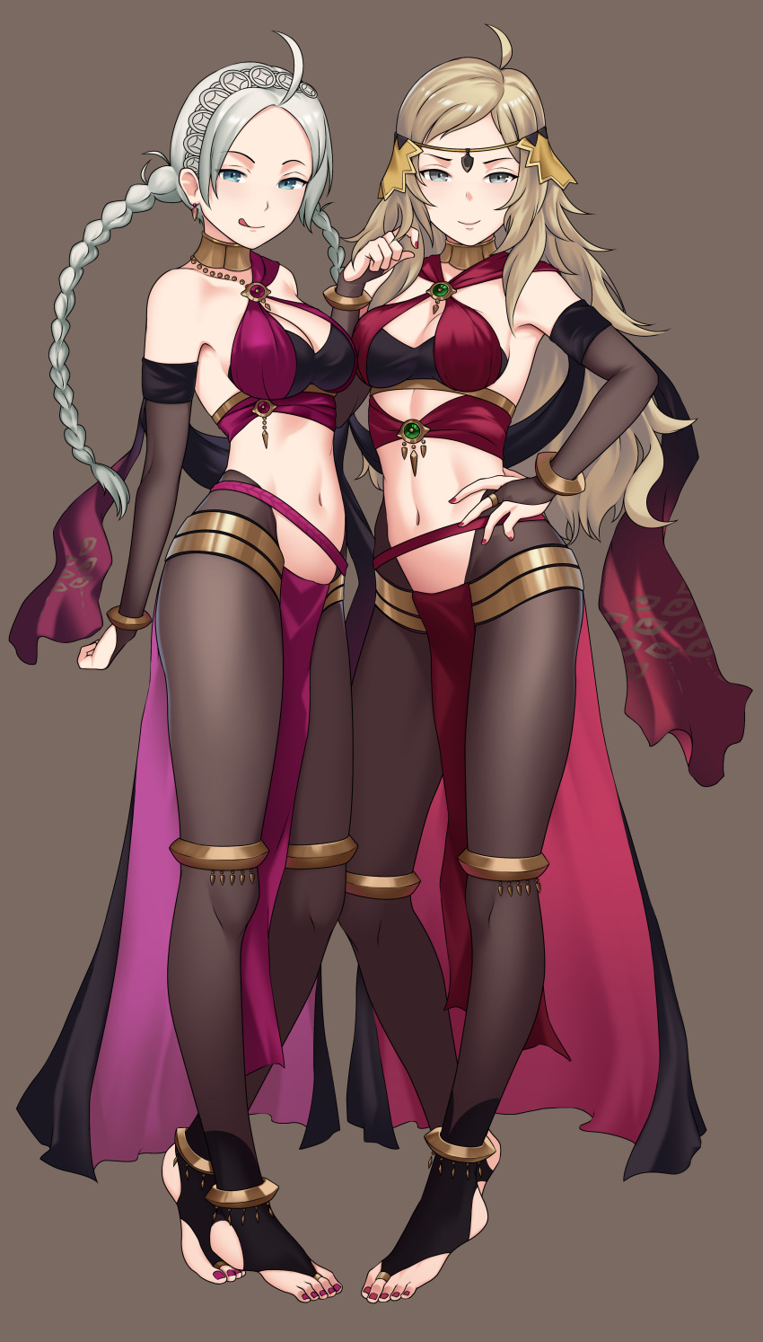 2girls, absurdres, ahoge, alternate_costume, bare_shoulders, bbk_(13zk), blonde_hair, breasts, commission, commissioner_upload, cosplay, dancer, dorothea_arnault, dorothea_arnault_(cosplay), dorothea_arnault_(plegian), earrings, feet, fire_emblem, fire_emblem:_genealogy_of_the_holy_war, fire_emblem:_three_houses, fire_emblem_fates, fire_emblem_heroes, full_body, highres, jewelry, lene_(fire_emblem), lene_(fire_emblem)_(cosplay), lene_(plegian)_(fire_emblem), licking_lips, medium_breasts, midriff, multiple_girls, nail_polish, navel, nina_(fire_emblem), nintendo, ophelia_(fire_emblem), red_nails, revision, toeless_legwear, tongue, tongue_out, twintails, white_hair
