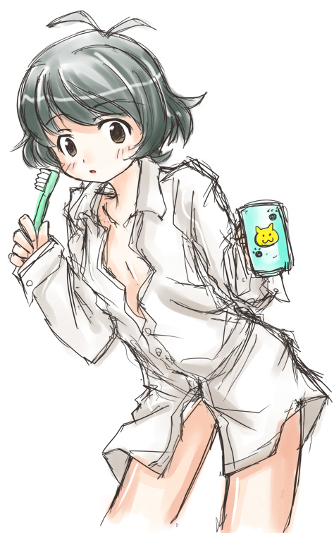 00s, 1boy, akizuki_ryo, antenna_hair, black_hair, blush, bottomless, brown_eyes, crossdressing, crossdressing_(mtf), cup, dress_shirt, idolmaster, idolmaster_dearly_stars, male_focus, naganeko, open_clothes, open_mouth, open_shirt, shirt, short_hair, solo, toothbrush, trap, unbuttoned