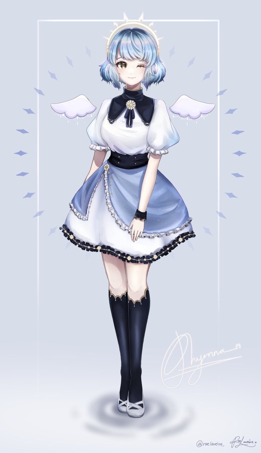 1girl, absurdres, artist_name, bad_id, bad_twitter_id, black_socks, blue_hair, breasts