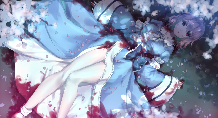 1girl, alternate_eye_color, artistic_error, black_ribbon, blood, blood_on_clothes, blood_on_hands, blue_sash
