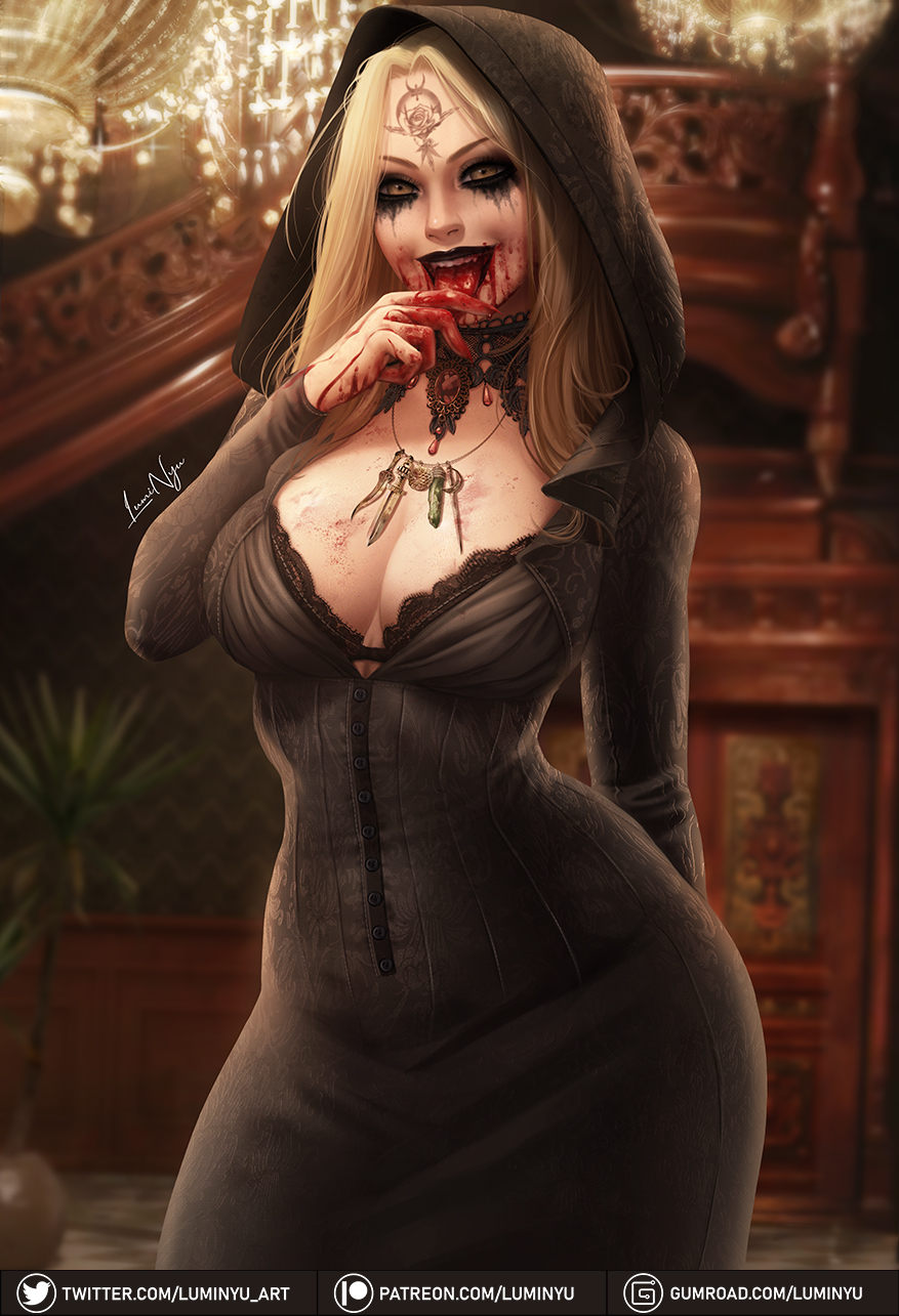 1girl, bela_dimitrescu, black_lips, blonde_hair, blood, blood_on_face, breasts, chandelier, cleavage, commentary, fangs, highres, hood, jewelry, large_breasts, long_hair, looking_at_viewer, luminyu, necklace, resident_evil, resident_evil_village, signature, solo, twitter_logo, vampire, village, yellow_eyes