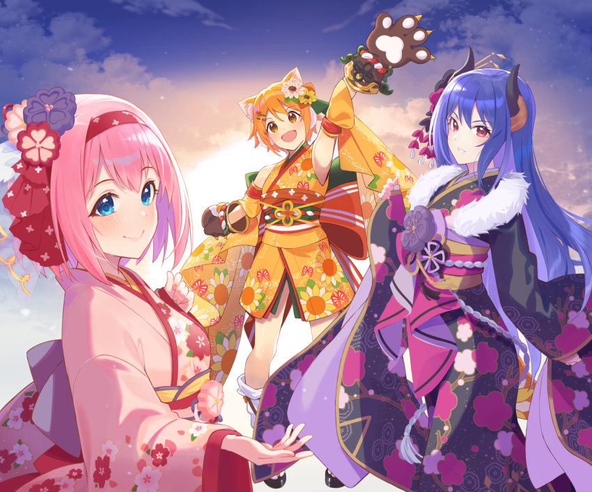 3girls, :d, animal_ears, animal_hands, arm_up, bare_shoulders, black_kimono, blue_eyes