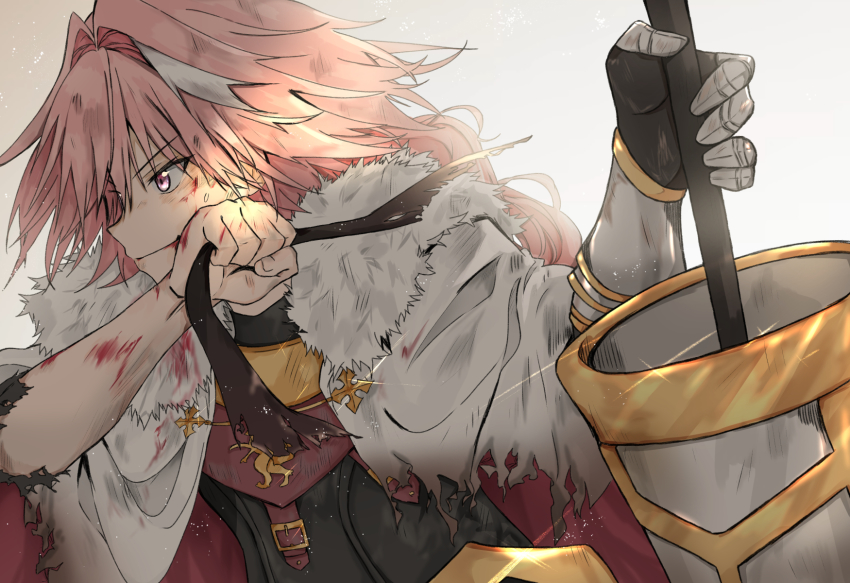 1boy, ameshiki, astolfo_(fate), astolfo_(rider)_(fate), black_gloves, black_ribbon, blood, braid, coat, fate/apocrypha, fate/grand_order, fate_(series), from_side, fur-trimmed_coat, fur_trim, gauntlets, gloves, hair_between_eyes, hair_intakes, highres, lance, long_braid, long_hair, male_focus, multicolored_hair, ookubo_rumi, pink_hair, polearm, purple_eyes, ribbon, single_braid, smirk, solo, streaked_hair, sweatdrop, torn_clothes, v-shaped_eyebrows, weapon, white_coat, white_hair
