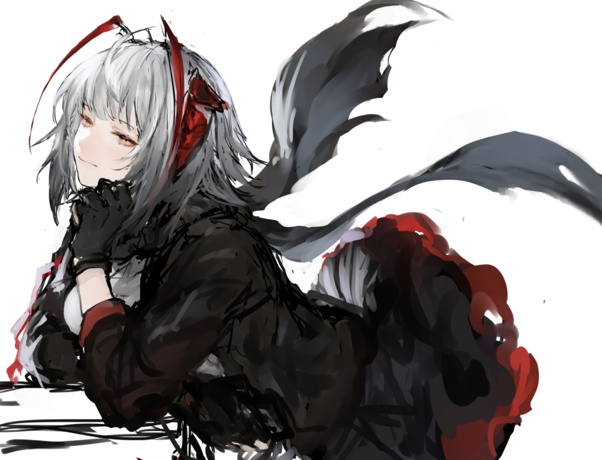 1girl, ahoge, arknights, bent_over, black_gloves, black_jacket, black_scarf, black_skirt