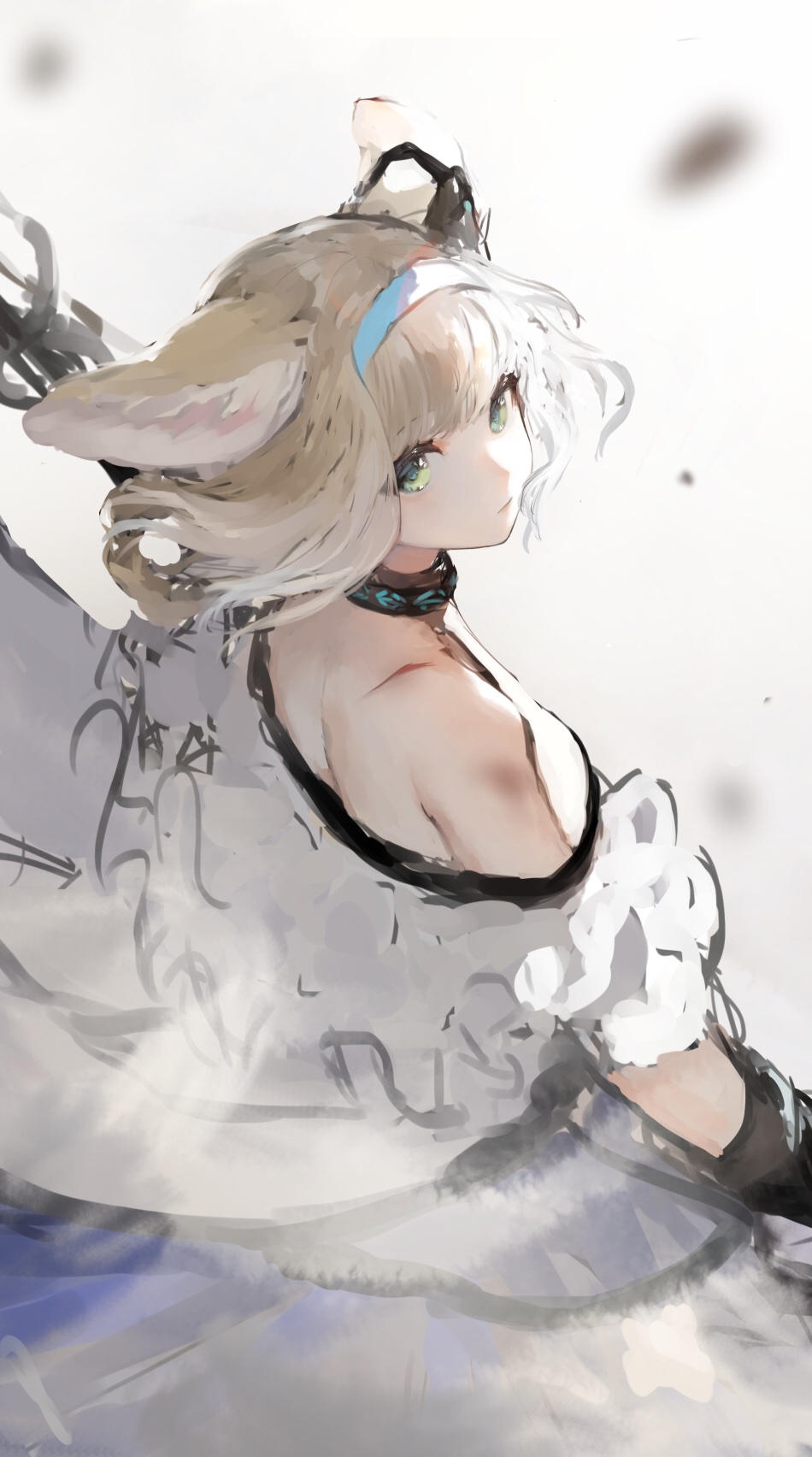 1girl, animal_ears, arknights, bare_shoulders, black_gloves, blonde_hair, blue_skirt, braid