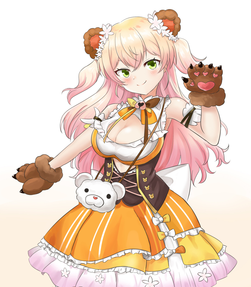 >:), 1girl, ancha_(itea111), animal_bag, animal_ears, animal_hands, arm_garter, bare_arms, bare_shoulders, bear_bag, bear_ears, bear_paws, bell, blonde_hair, bow, bowtie, breasts, cleavage, cleavage_cutout, closed_mouth, clothing_cutout, corset, cowboy_shot, cutout_above_navel, dress_flower, flower, frilled_shirt, frilled_skirt, frills, gloves, gradient_hair, green_eyes, hair_flower, hair_ornament, highres, hololive, jingle_bell, layered_skirt, long_hair, looking_at_viewer, miniskirt, momosuzu_nene, multicolored_bow, multicolored_bowtie, multicolored_hair, multicolored_neckwear, neck_bell, orange_skirt, paw_gloves, petticoat, pink_hair, shirt, simple_background, skirt, skirt_set, sleeveless, sleeveless_shirt, smile, solo, two_side_up, underbust, v-shaped_eyebrows, virtual_youtuber, white_background, yellow_skirt