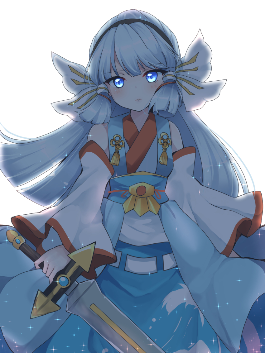 1girl, blue_eyes, detached_sleeves, frilled_skirt, frills, highres, japanese_clothes, long_hair