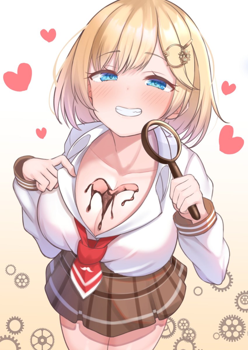 1girl, absurdres, blonde_hair, blue_eyes, blush, breasts, brown_skirt, chocolate