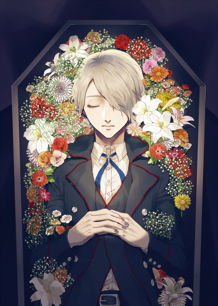 1boy, baby's-breath, black_jacket, black_vest, blue_nails, blue_neckwear, closed_eyes, coffin