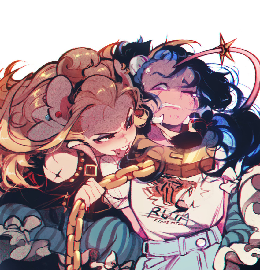 2girls, animal_ears, arms_behind_back, bare_shoulders, black_eyes, blonde_hair, blue_eyeshadow, blue_hair