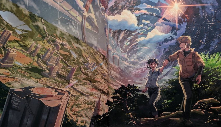 1boy, 1girl, backpack, bag, black_hair, blonde_hair, building, cloud