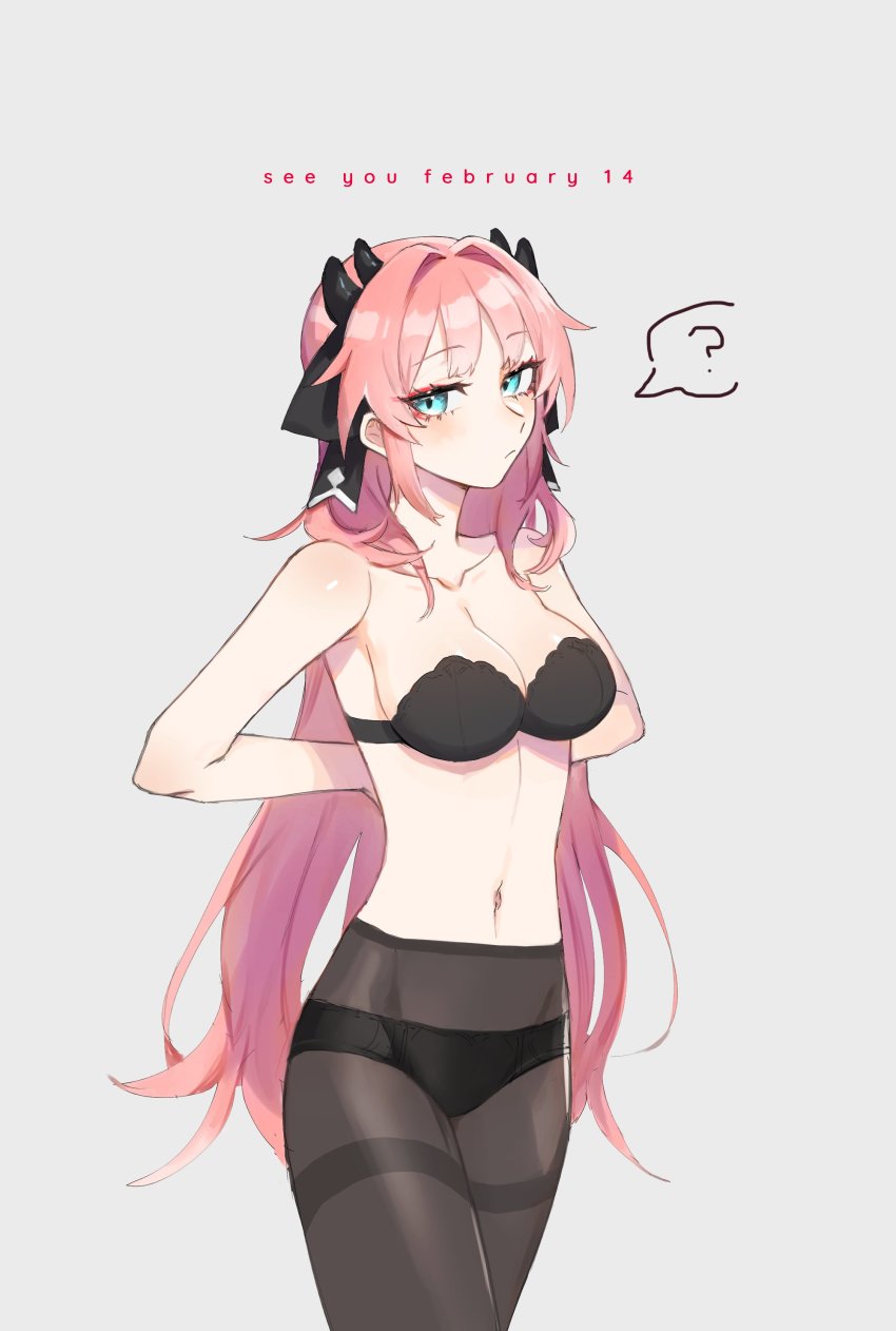 1girl, ?, absurdres, armpits, arms_behind_back, atelier_live, black_bra, black_ribbon