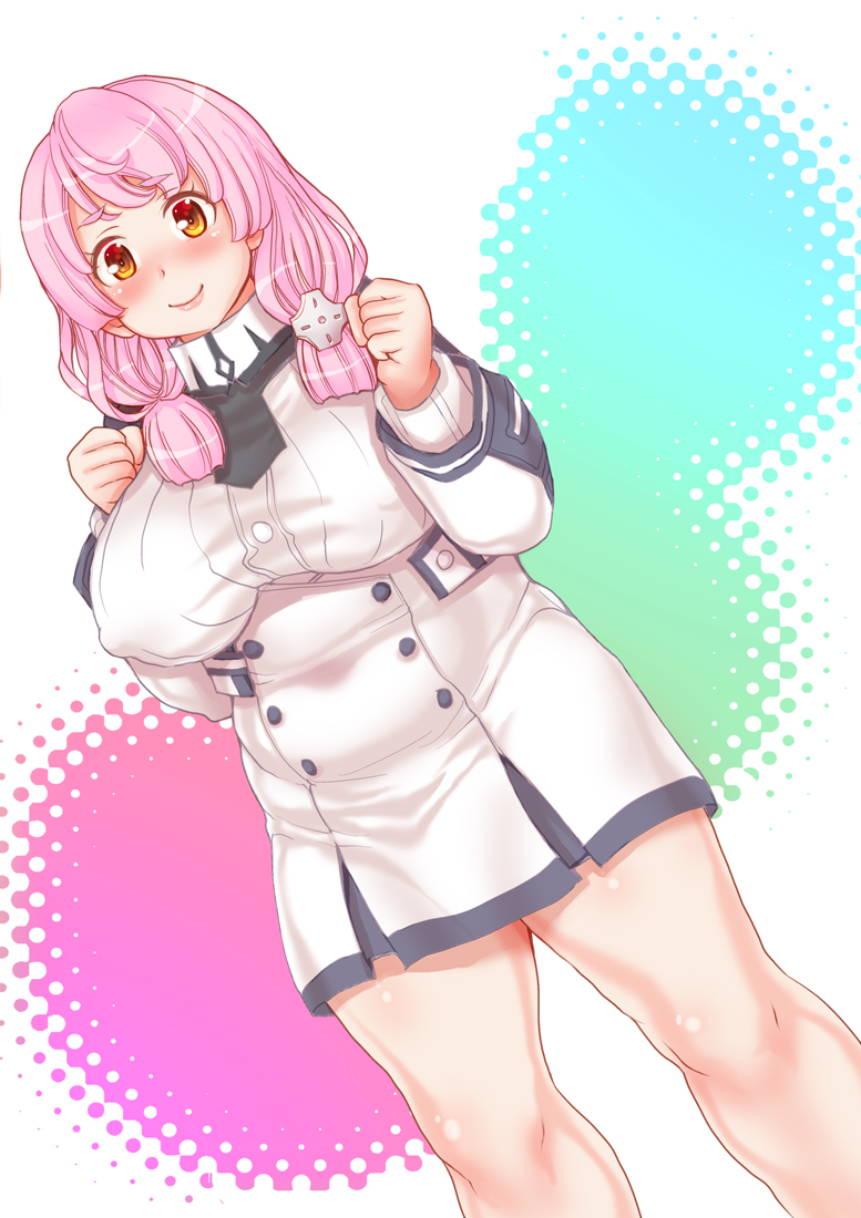 1girl, abstract_background, breasts, buttons, commentary_request, covered_erect_nipples, dot_nose, dutch_angle