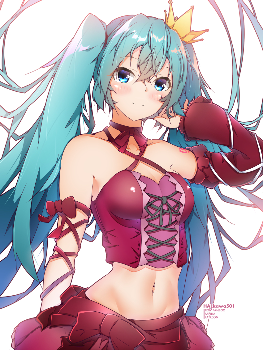 1girl, absurdres, adjusting_hair, alternate_costume, aqua_hair, arm_up, artist_name, bare_shoulders