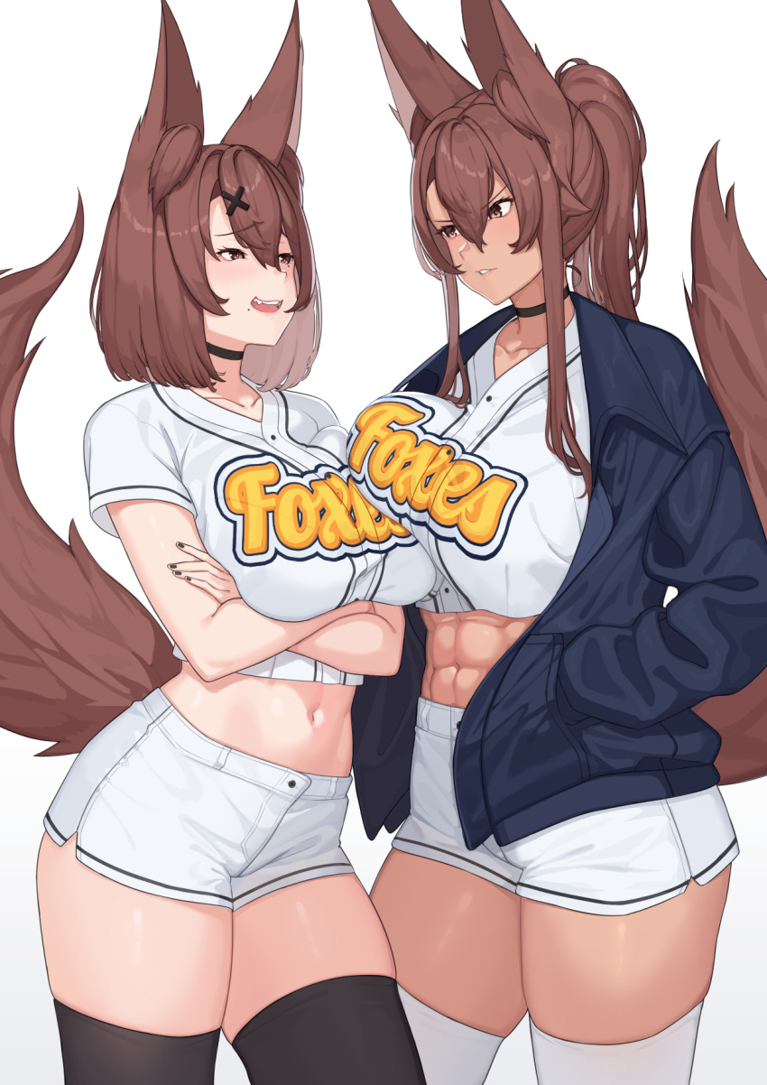 abs, animal_ear_fluff, animal_ears, asymmetrical_docking, baseball_uniform, black_choker, black_legwear, black_nails
