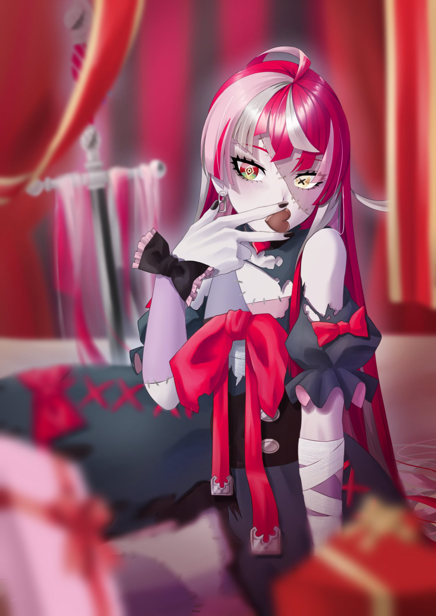 1girl, aboreen, ahoge, alternate_hairstyle, arm_support, arm_up, bandaged_arm, bandages