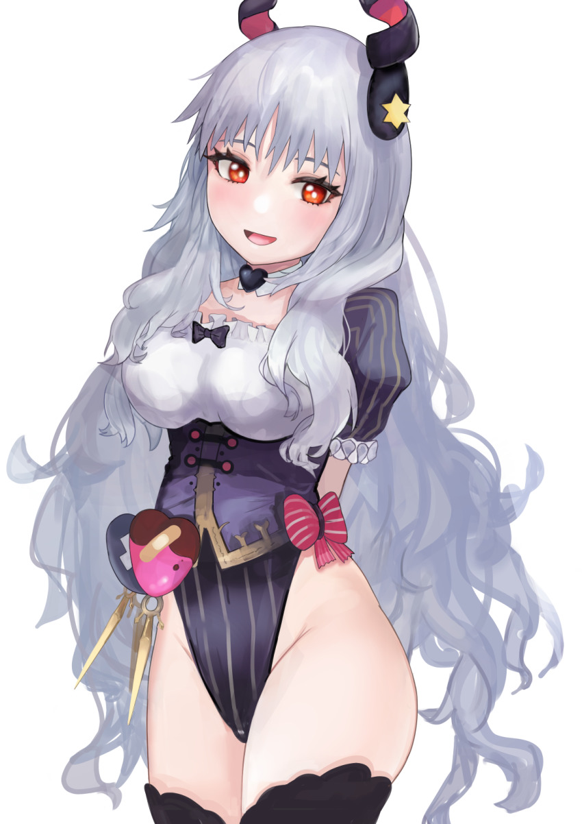 1girl, arms_behind_back, black_thighhighs, blush, bow, breasts, caren_hortensia, caren_hortensia_(amor_caren)_(third_ascension)