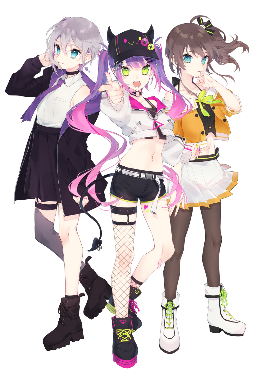 3girls, absurdres, bibi_(tokoyami_towa), black_legwear, blue_eyes, boots, brown_hair, chiyomaru_(yumichiyo0606), choker, commentary_request, earrings, finger_gun, fishnet_legwear, fishnets, flower_earrings, full_body, green_eyes, highres, hololive, jacket, jewelry, kaga_sumire, kaga_sumire_(2nd_costume), long_hair, long_sleeves, lupinus_virtual_games, midriff, multiple_girls, natsuiro_matsuri, natsuiro_matsuri_(1st_costume), navel, navel_piercing, necktie, open_mouth, pantyhose, piercing, pleated_skirt, purple_hair, purple_neckwear, short_hair, shorts, side_ponytail, silver_hair, simple_background, single_thighhigh, skirt, standing, thigh_strap, thighhighs, tokoyami_towa, twintails, virtual_youtuber, vspo!, white_background