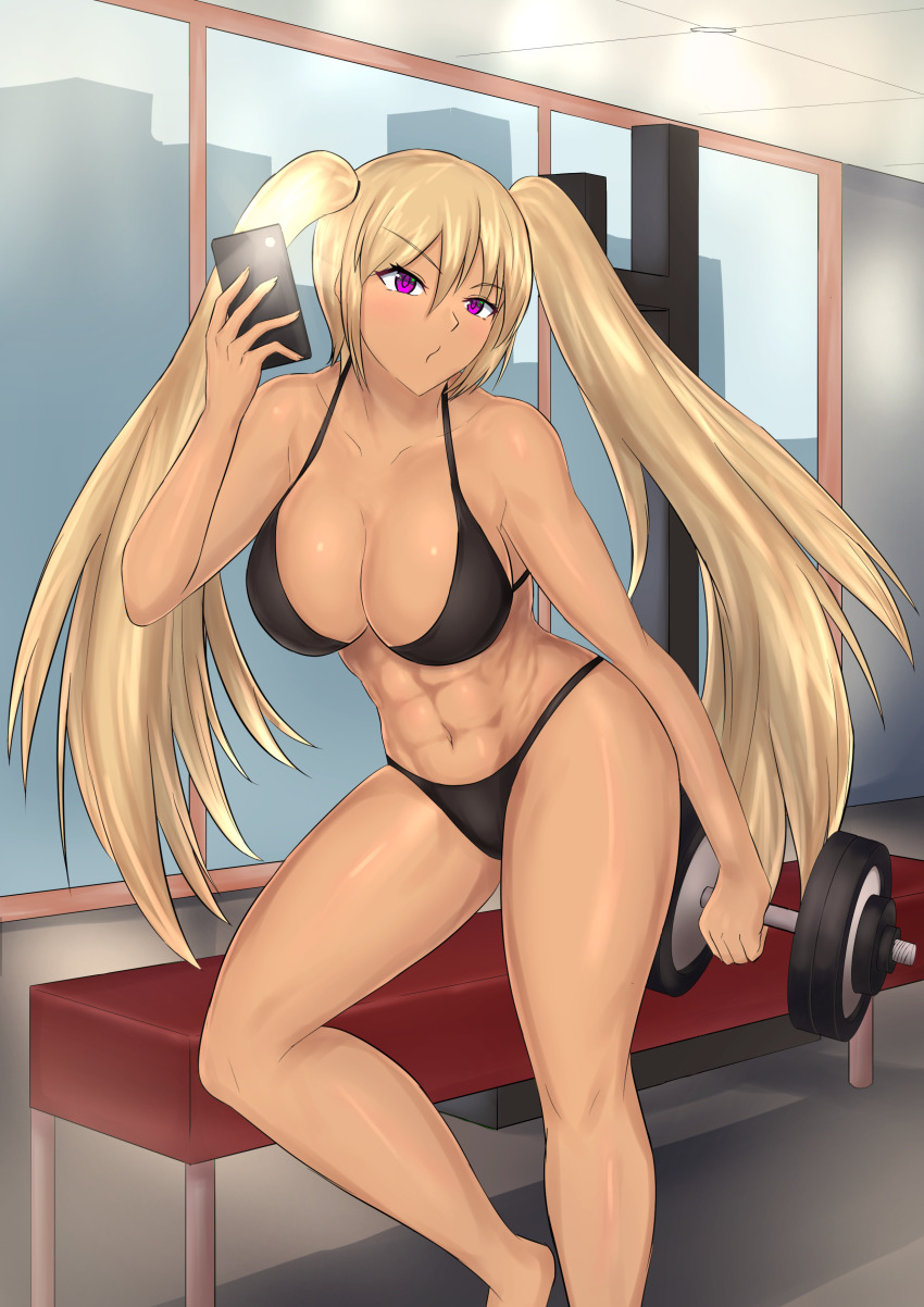 1girl, abs, absurdres, barbell, bikini, black_bikini, blonde_hair, breasts