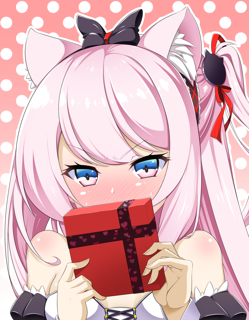 1girl, absurdres, animal_ears, azur_lane, bare_shoulders, blush, bow, box, cat_ears, cat_girl, cat_hair_ornament, commentary_request, covering_own_mouth, detached_sleeves, embarrassed, flat_chest, gift, gift_box, grey_eyes, hair_bow, hair_ornament, hair_ribbon, hairband, hammann_(azur_lane), hammann_(retrofit)_(azur_lane), highres, holding, holding_gift, long_hair, looking_at_viewer, off_shoulder, one_side_up, polka_dot, polka_dot_background, ribbon, sidelocks, silver_hair, simple_background, solo, valentine, yuu_(user_ajkw3753)