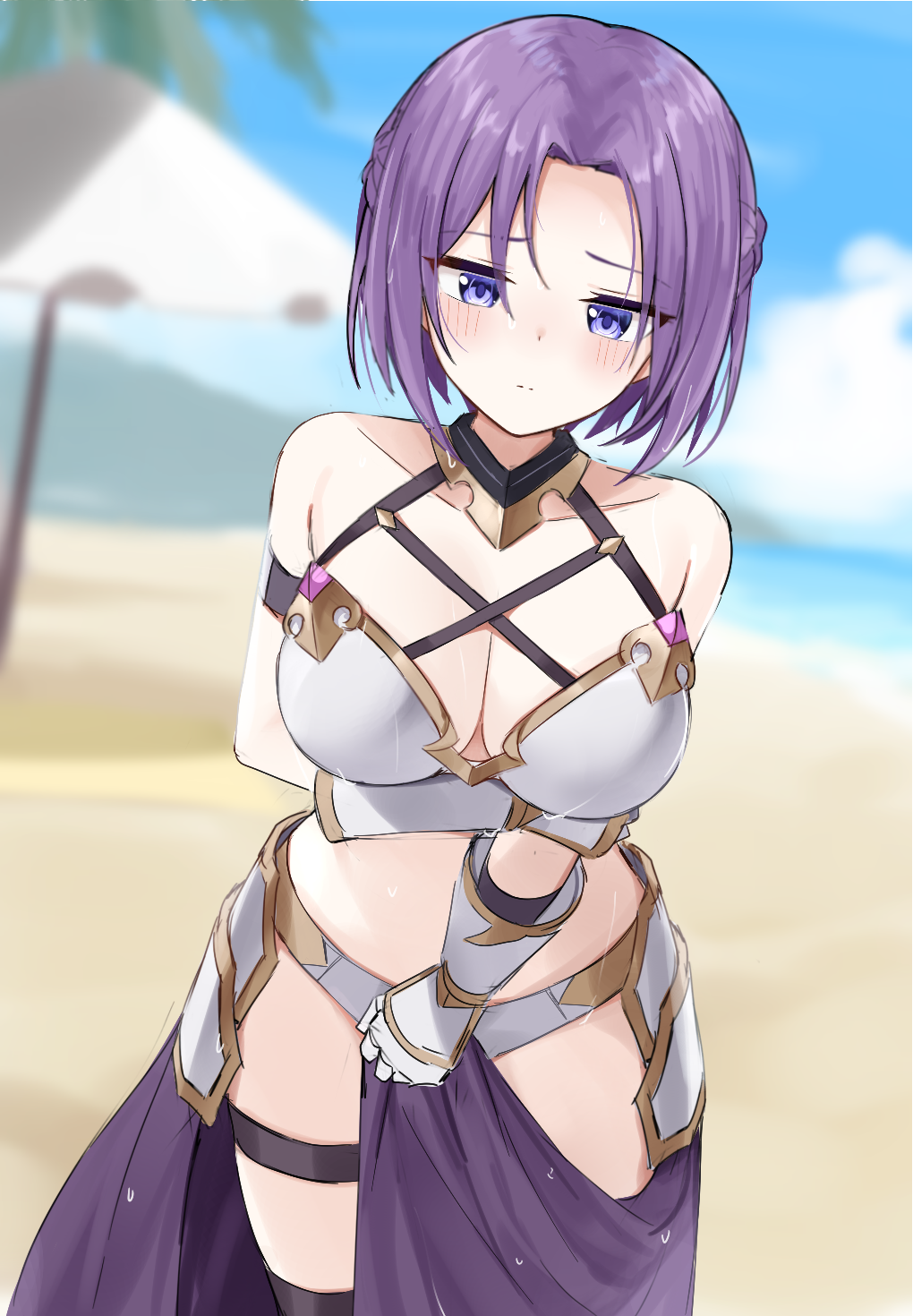 1girl, arm_under_breasts, armor, bad_id, bad_pixiv_id, beach, bikini, bikini_armor, blue_eyes, blue_sky, blurry, blurry_background, blush, braid, breasts, cleavage, closed_mouth, cloud, collarbone, commentary_request, covering_crotch, covering_privates, day, depth_of_field, gauntlets, halterneck, hand_on_own_arm, highres, jitome, jun_(princess_connect!), jun_(summer)_(princess_connect!), looking_at_viewer, medium_breasts, outdoors, parted_bangs, princess_connect!, purple_hair, sand, sarong, shengtian, short_hair, sky, solo, swimsuit, umbrella, water, white_bikini