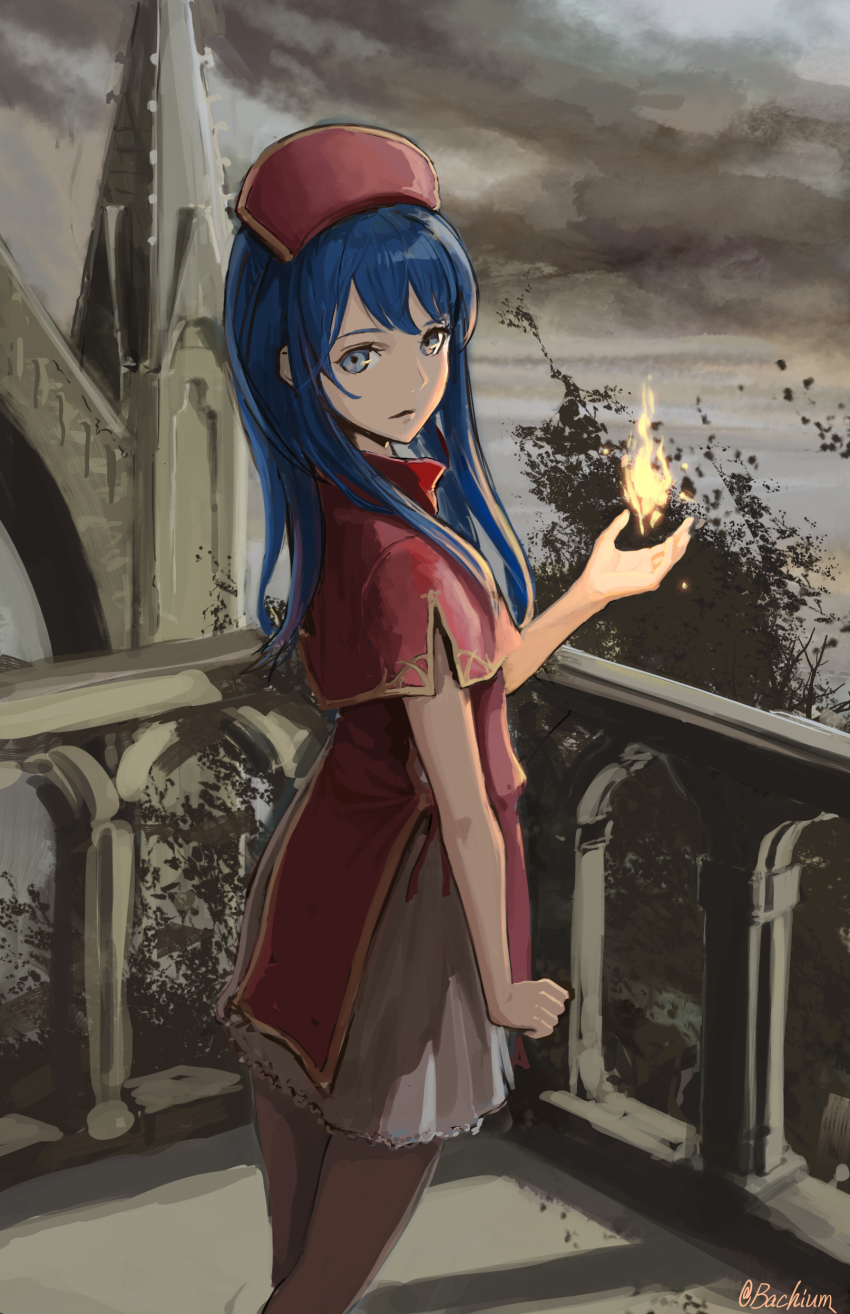 1girl, absurdres, bachium, blue_eyes, blue_hair, brown_legwear, cloud, cloudy_sky