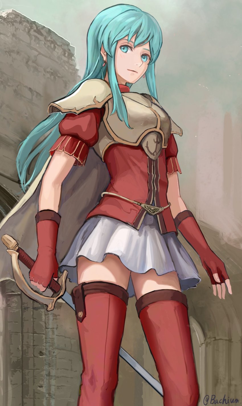 1girl, armor, artist_name, bachium, blue_eyes, blue_hair, breastplate, closed_mouth, dress_shirt, earrings, eirika_(fire_emblem), fingerless_gloves, fire_emblem, fire_emblem:_the_sacred_stones, gloves, highres, holding, holding_sword, holding_weapon, jewelry, long_hair, miniskirt, nintendo, pleated_skirt, red_gloves, red_shirt, red_thighhighs, shirt, short_sleeves, shoulder_armor, skirt, solo, standing, straight_hair, sword, thighhighs, twitter_username, very_long_hair, weapon, white_skirt, zettai_ryouiki