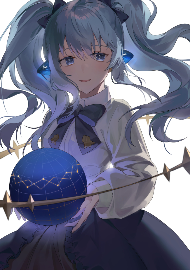 1girl, :d, blue_bow, blue_eyes, blue_hair, blue_neckwear, blue_skirt, bow