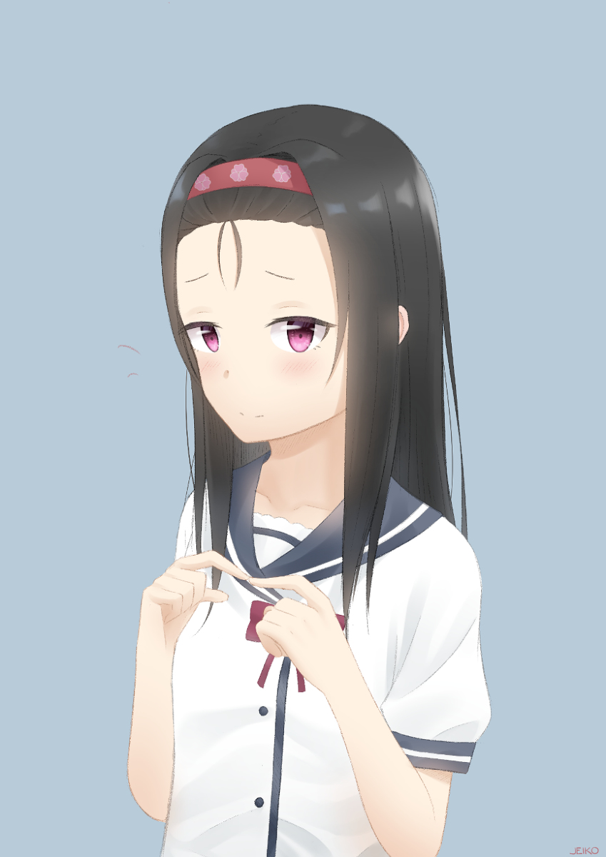 1girl, artist_name, black_hair, blue_background, blue_sailor_collar, blush, bow, bowtie