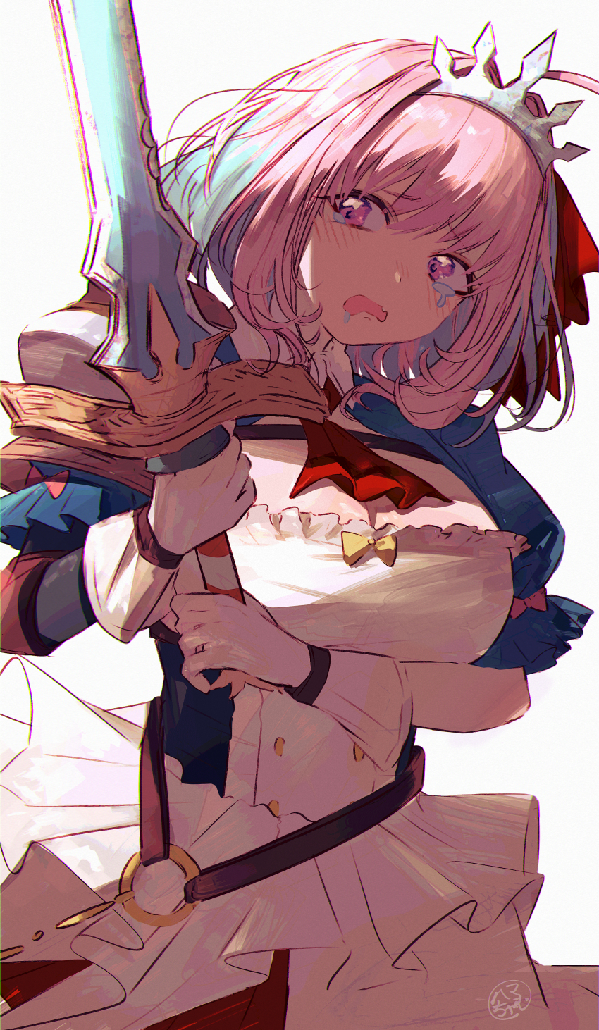 1girl, absurdres, ahoge, ascot, blue_hair, bow, breasts, cleavage