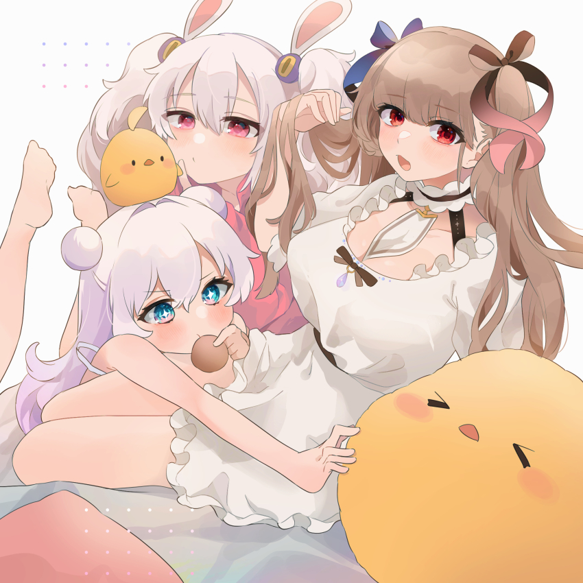 >_<, +_+, 3girls, animal_ears, azur_lane, between_breasts, blue_eyes, blue_ribbon, breasts, brown_ribbon, cleavage, clothes_between_breasts, detached_collar, fake_animal_ears, formidable_(azur_lane), frills, hair_ribbon, highres, laffey_(azur_lane), large_breasts, le_malin_(azur_lane), long_hair, manjuu_(azur_lane), multiple_girls, necktie, necktie_between_breasts, neckwear_between_breasts, nightgown, rabbit_ears, red_eyes, ribbon, simple_background, symbol-shaped_pupils, takumi_mizuki, twintails, white_background, white_hair, white_neckwear