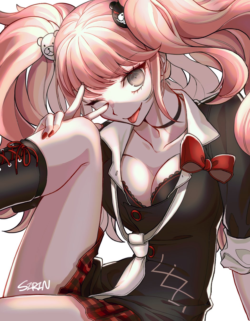 1girl, bear_hair_ornament, black_bra, black_choker, black_footwear, black_shirt, blue_eyes, bow