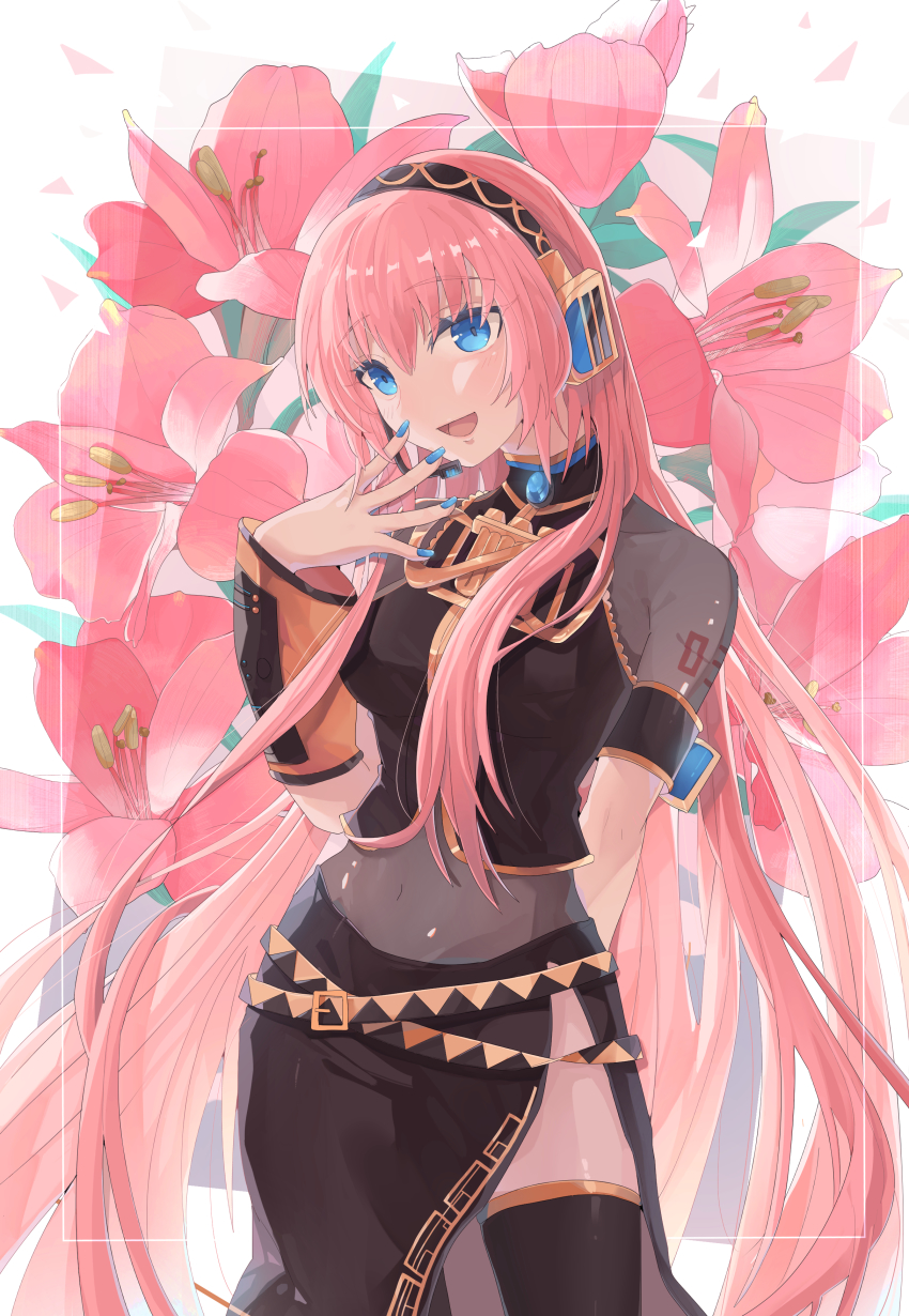 1girl, absurdres, aqua_nails, arm_warmers, armband, arms_behind_back, belt, black_shirt