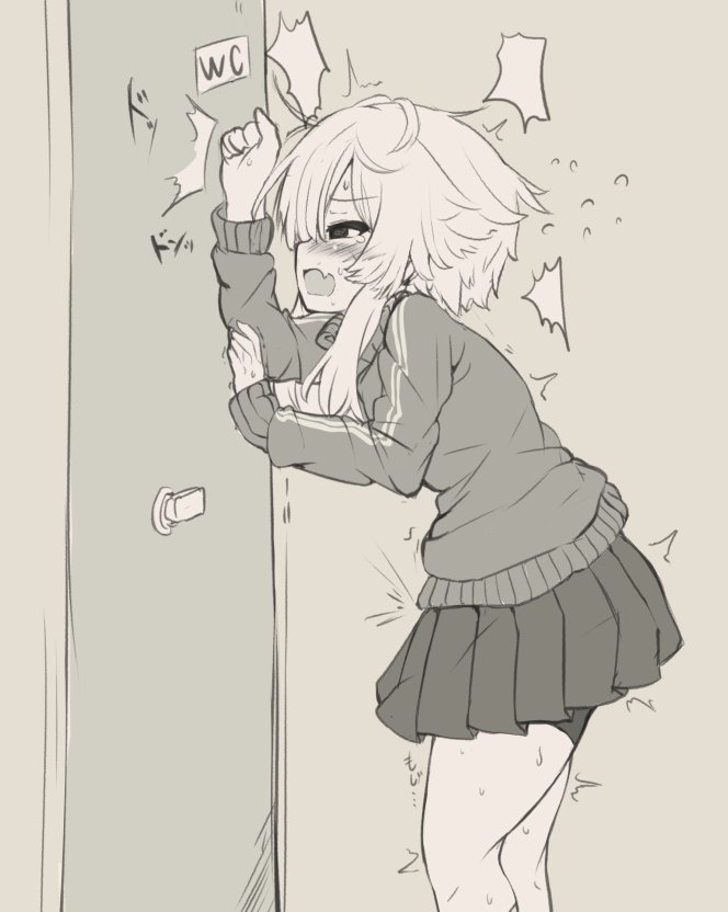1girl, ^^^, arm_up, bike_shorts, blush, clenched_hand, door, doorknob