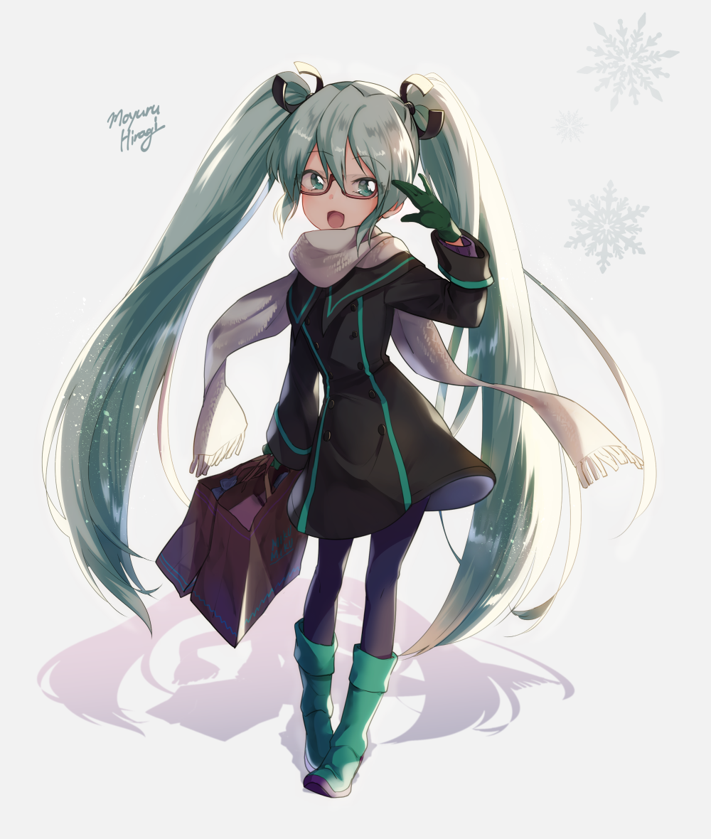 1girl, aqua_boots, aqua_eyes, aqua_hair, bag, black_jacket, boots, floating_scarf, glasses, gloves, green_gloves, hair_between_eyes, hatsune_miku_(shinkalion), holding, holding_bag, jacket, long_hair, moyurusun, scarf, shinkalion_(series), shinkansen_henkei_robo_shinkalion, shopping_bag, snowflakes, solo, suit_jacket, twintails, very_long_hair, white_scarf