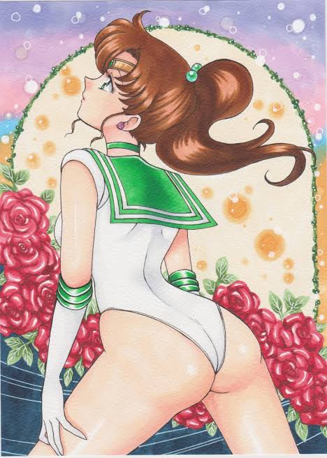 1girl, ass, bishoujo_senshi_sailor_moon, breasts, brown_hair, choker, female_focus, flower, gloves, huge_ass, kino_makoto, large_breasts, leotard, magical_girl, nekito, ponytail, sailor_collar, sailor_jupiter, solo, white_gloves, white_leotard