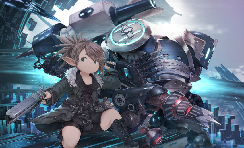 1other, androgynous, asymmetrical_dual_wielding, automaton_queen, bad_id, bad_pixiv_id, boots, brown_hair