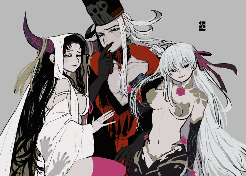 1boy, 2girls, abs, absurdres, armlet, armor, ashiya_douman_(fate), ashiya_douman_(third_ascension)_(fate)