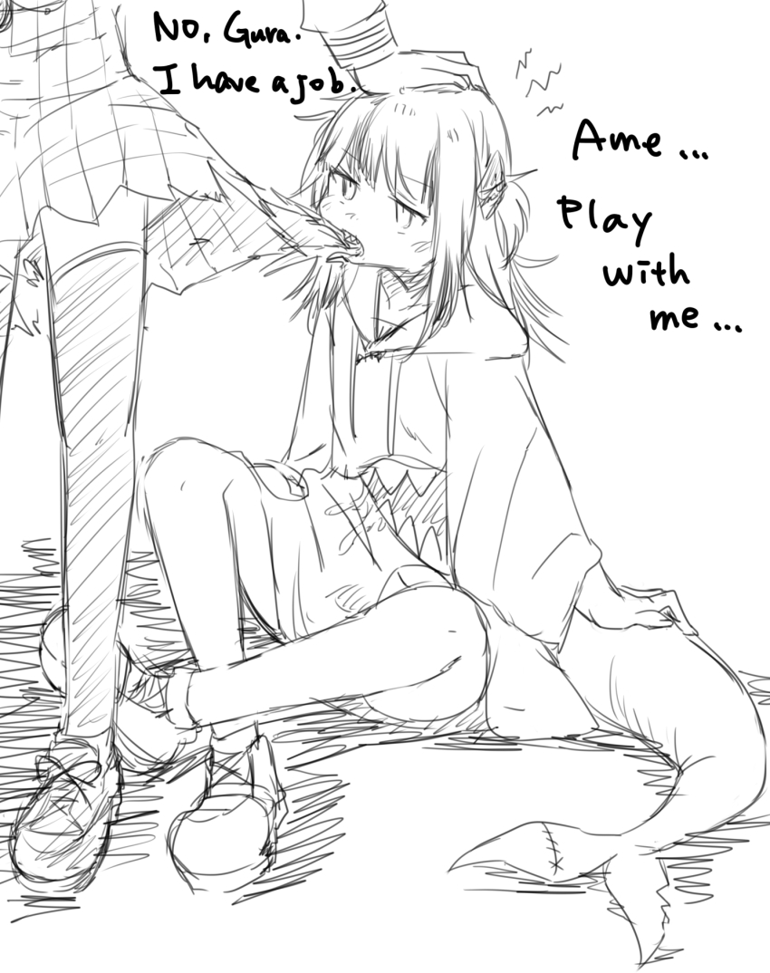 aoi_(aoisaka), blunt_bangs, english_text, fins, fish_tail, gawr_gura, gawr_gura_(1st_costume), greyscale