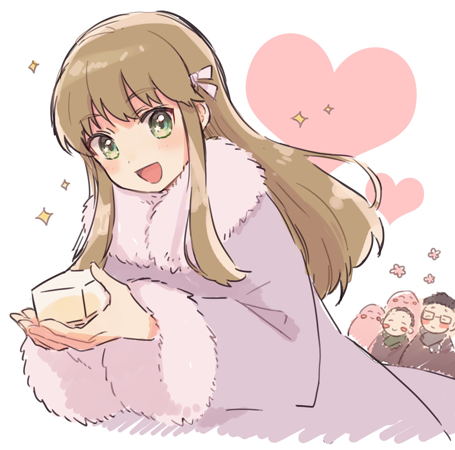 3boys, asami_(highway), blush, box, brown_hair, coat, cowboy_shot, crossdressing, crossdressing_(mtf), crowd, green_eyes, hair_ribbon, hairband, holding, holding_box, long_hair, looking_at_viewer, male_focus, mewkledreamy, minamikawa_asahi, multiple_boys, open_mouth, ribbon, smile, trap