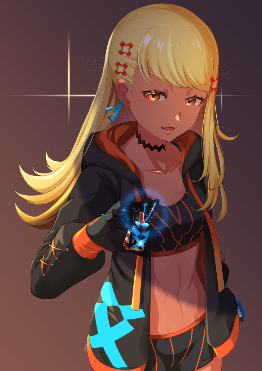 1girl, abs, absurdres, battery, black_choker, black_gloves, black_jacket, black_shorts, blonde_hair, breasts, bustier, choker, collarbone, dark-skinned_female, dark_skin, electricity, fang, female_focus, flipped_hair, gloves, hair_ornament, half-closed_eyes, highres, hood, hooded_jacket, jacket, kaminari_qpi, kaminari_qpi_(old_design), kittokurukamo, long_hair, long_sleeves, looking_at_viewer, medium_breasts, midriff, multicolored_jacket, navel, open_clothes, open_jacket, open_mouth, orange_eyes, orange_gloves, orange_jacket, short_shorts, shorts, skin_fang, smile, solo, striped_clothes, striped_shorts, swept_bangs, tan, toned, two-tone_gloves, two-tone_jacket, vertical-striped_clothes, vertical-striped_shorts, virtual_youtuber, vspo!, x_hair_ornament