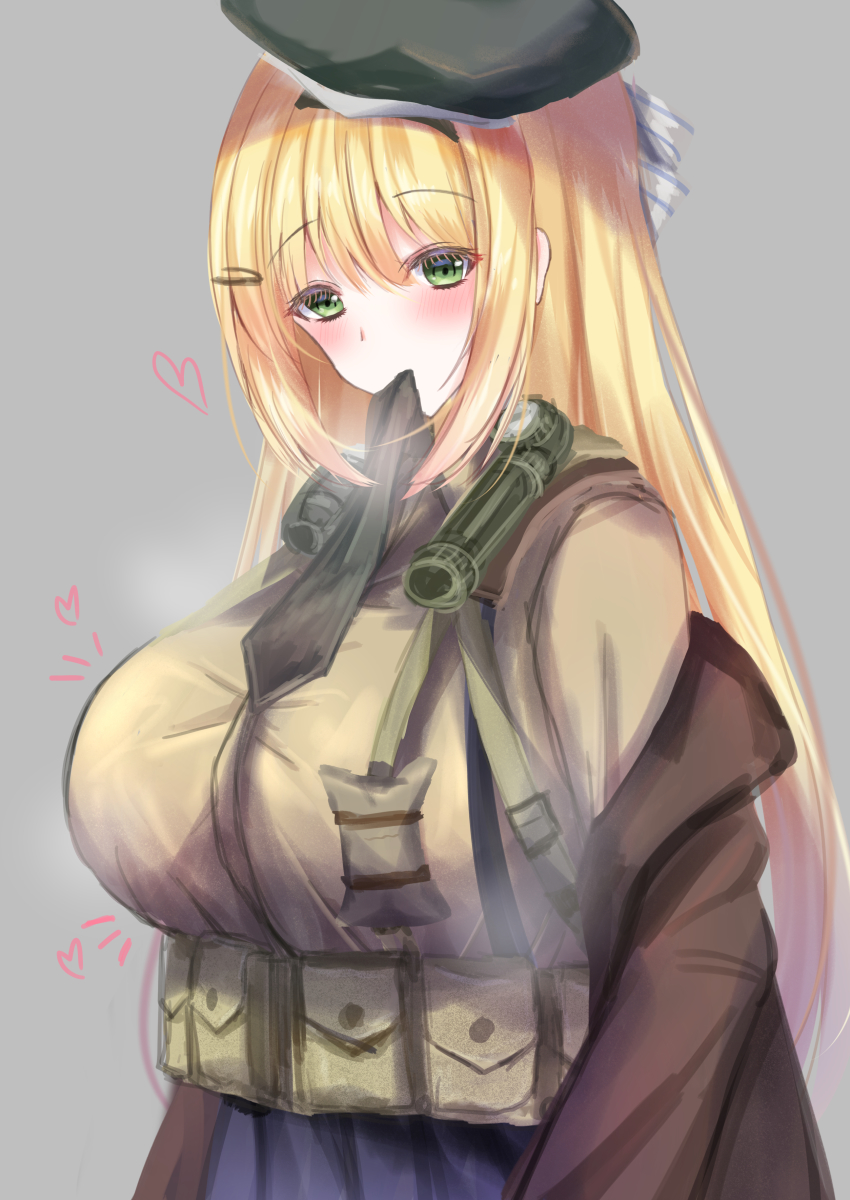 1girl, absurdres, beret, blonde_hair, blush, breasts, brown_jacket, girls'_frontline