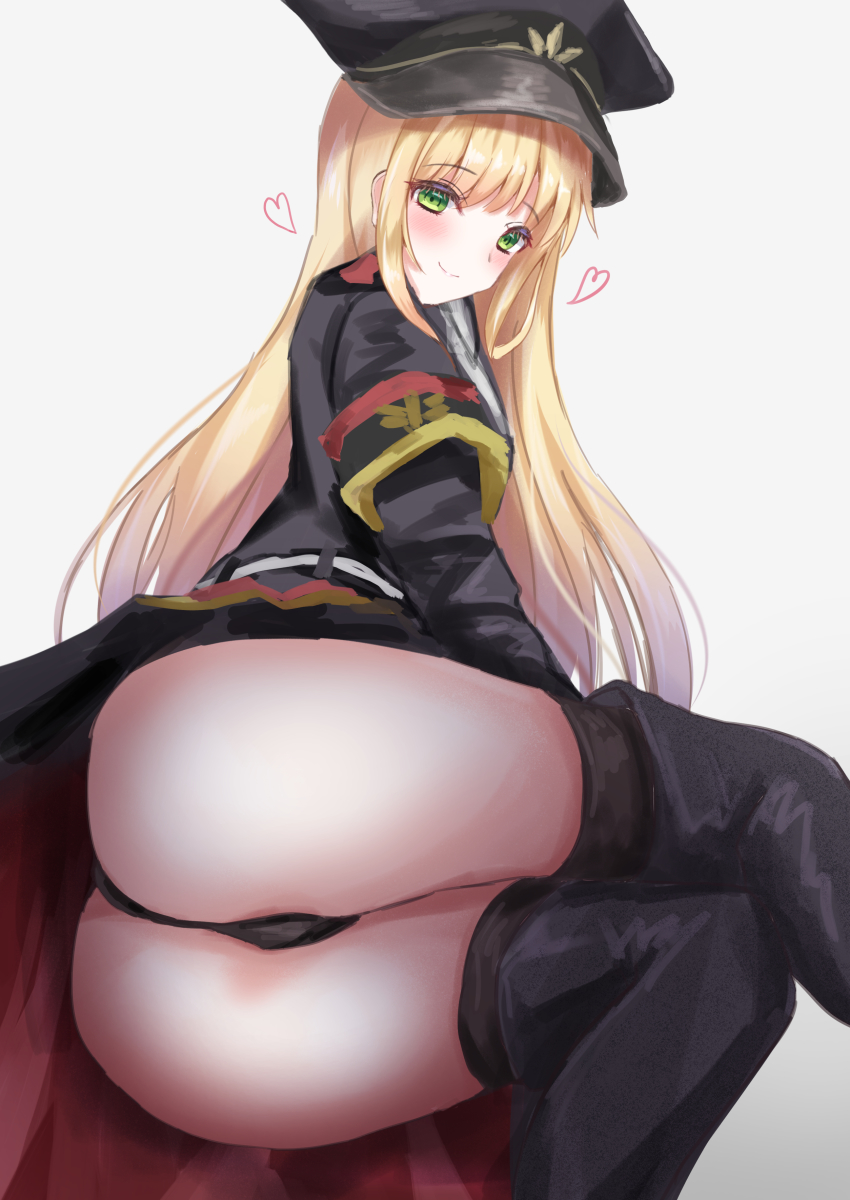 1girl, absurdres, ass, black_boots, black_hat, black_panties, blonde_hair, blush