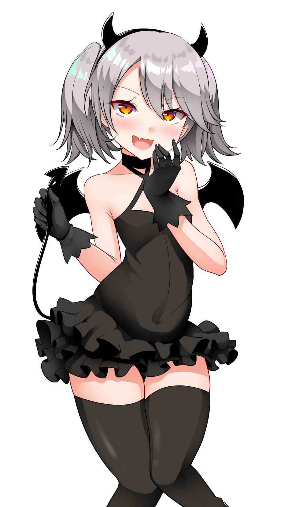 1girl, alternate_hair_color, bad_id, bad_twitter_id, black_gloves, choker, covered_navel, demon_girl, demon_tail, demon_wings, dress, fang, flat_chest, frilled_dress, frills, gloves, grey_hair, hairband, highres, horns, kantai_collection, kirigakure_(kirigakure_tantei_jimusho), knees_together_feet_apart, naughty_face, orange_eyes, ryuujou_(kancolle), short_dress, skin_fang, smile, solo, tail, thighhighs, twintails, wings, zettai_ryouiki