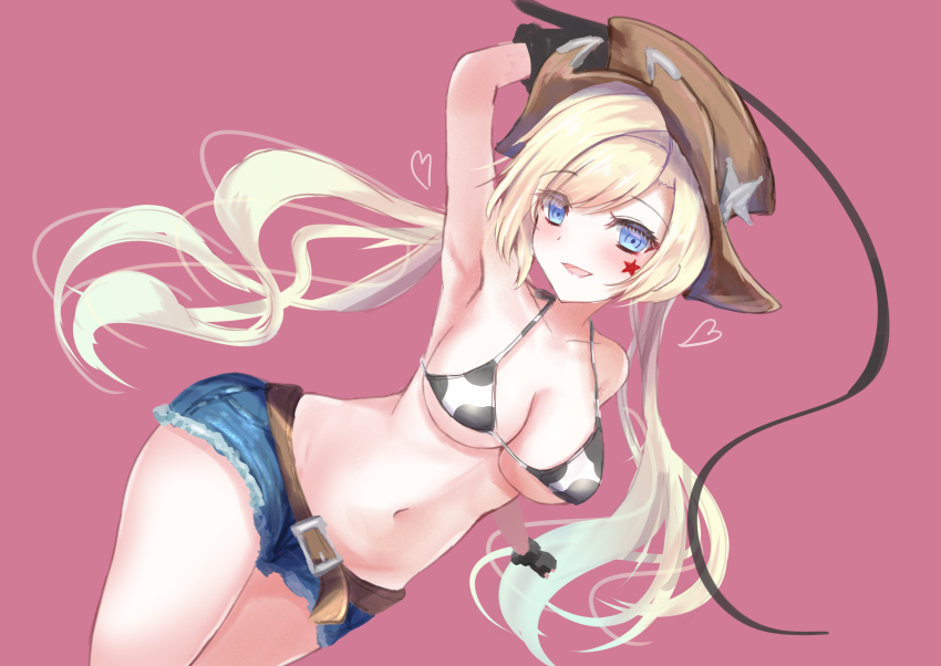 1girl, absurdres, aged_up, animal_print, armpits, bare_shoulders, belt, bikini, bikini_top_only, black_gloves, blonde_hair, blue_eyes, blush, breasts, cleavage, colt_revolver_(girls'_frontline), cow_print, cowboy_hat, denim, denim_shorts, girls'_frontline, gloves, hat, heart, heart_print, highres, holding, holding_whip, long_hair, looking_at_viewer, martinreaction, medium_breasts, navel, open_mouth, pink_background, shorts, smile, solo, star_(symbol), star_tattoo, swimsuit, tattoo, whip