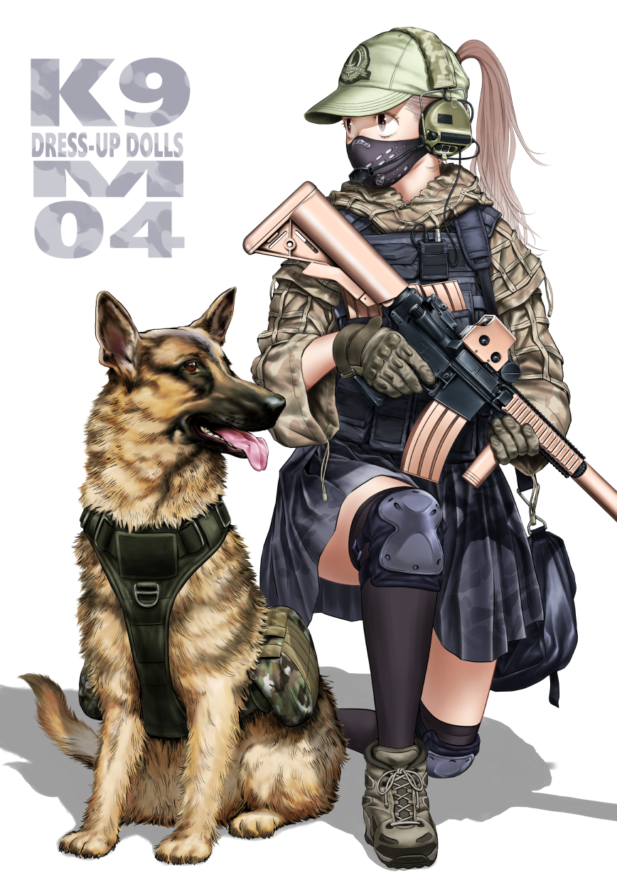1girl, assault_rifle, bag, camouflage, camouflage_skirt, dog, german_shepherd, gloves