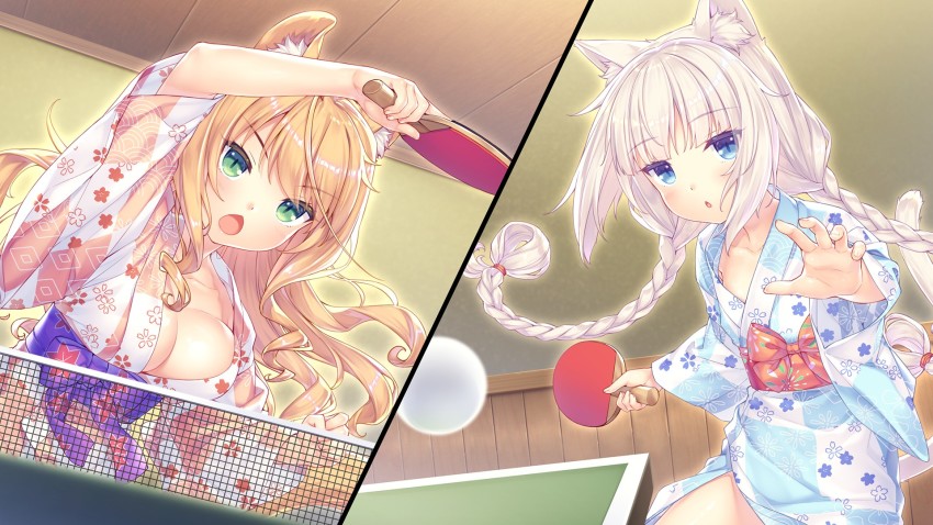 2girls, alternate_hairstyle, animal_ear_fluff, animal_ears, ball, blonde_hair, blue_eyes, blue_yukata, braid, breasts, cat_ears, cat_girl, cat_tail, cleavage, game_cg, green_eyes, highres, indoors, japanese_clothes, kimono, long_hair, maple_(nekopara), medium_breasts, multiple_girls, nekopara, orange_hair, orange_yukata, paddle, sayori_(neko_works), slit_pupils, table_tennis, table_tennis_ball, table_tennis_paddle, tagme, tail, twin_braids, vanilla_(nekopara), very_long_hair, yukata