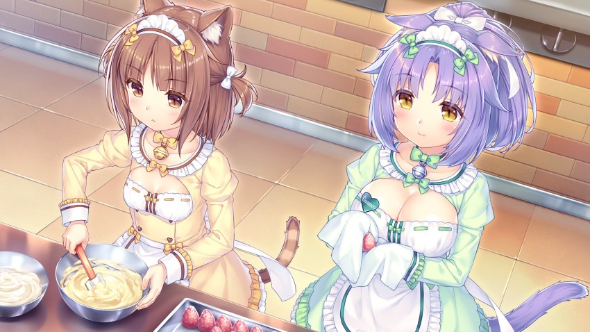 2girls, animal_ear_fluff, animal_ears, apron, azuki_(nekopara), baking, bell, blush, bow, breasts, brown_eyes, brown_hair, buttons, cafe, cat_cafe, cat_ears, cat_girl, cat_tail, character_name, cinnamon_(nekopara), cleavage, closed_mouth, dress, food, fruit, game_cg, green_bow, green_dress, hair_ribbon, heart, heart_button, highres, indoors, kitchen, large_breasts, long_sleeves, maid, maid_apron, maid_headdress, multiple_girls, name_tag, neck_bell, nekopara, purple_hair, ribbon, sayori_(neko_works), short_hair, slit_pupils, small_breasts, strawberry, striped_tail, tail, two_side_up, waitress, white_bow, white_ribbon, yellow_bow, yellow_dress, yellow_eyes