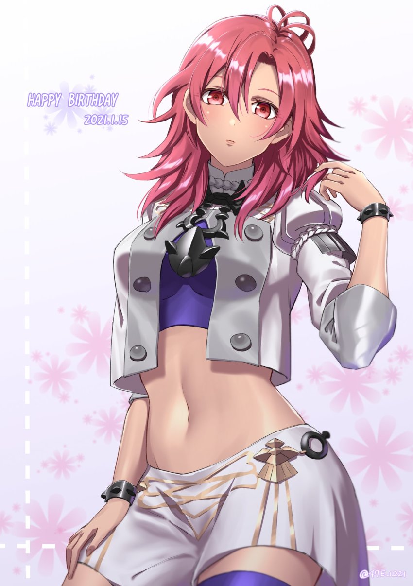 1girl, 2021, blush, closed_mouth, cowboy_shot, crop_top, dark-skinned_female, dark_skin